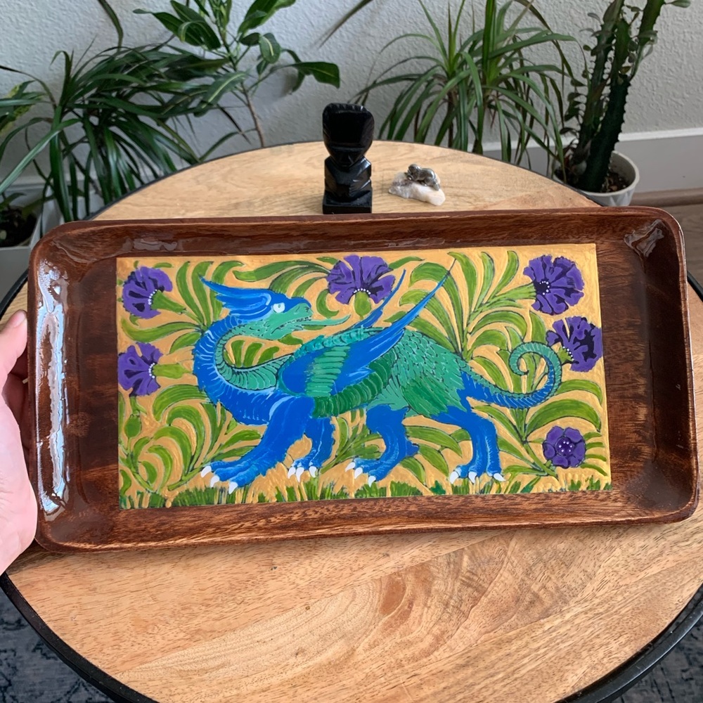 Wooden Appetizer Tray Dragon Painted Original